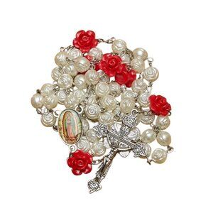 Our Lady Of Guadalupe Rosary Necklace W/ Red Rose Beads & Cross Pendant Catholic